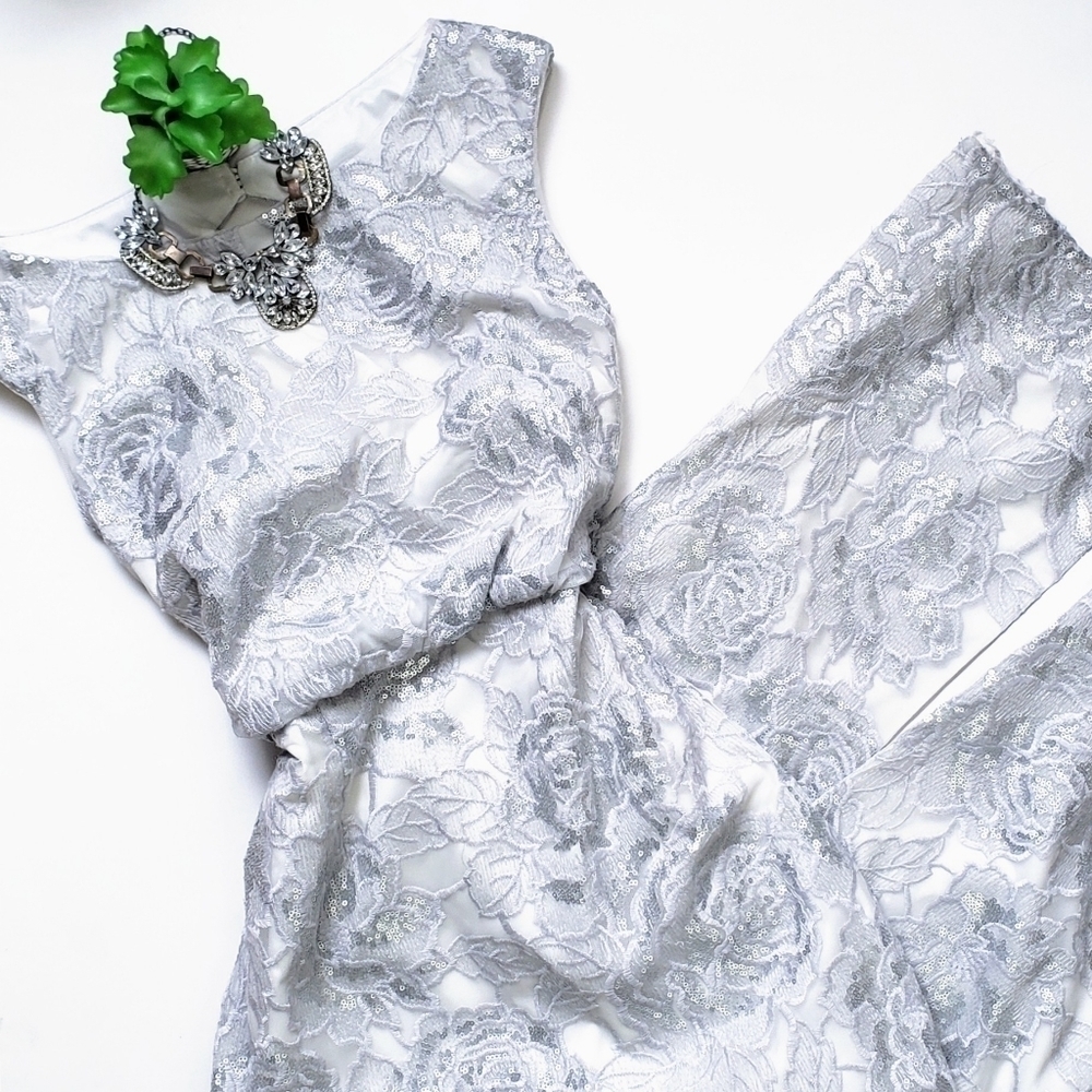 Adrianna Papell Silver White Lace Sequin Blouson Column Gown Brigerton Size 4